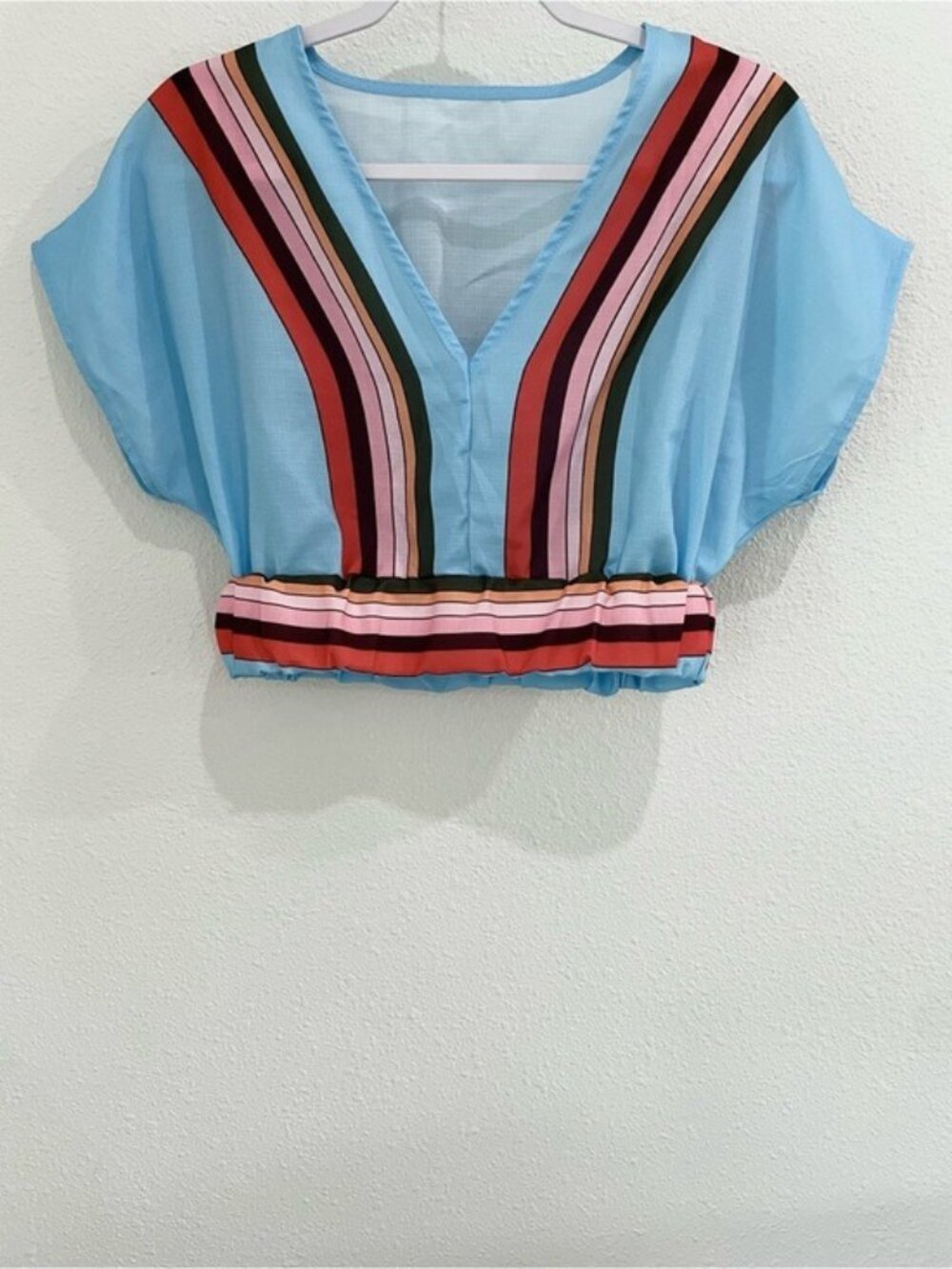 Vintage Striped Boxy Blue Cropped Top Mod Retro Stretch